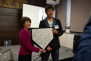 Welcome Reception for Iwakuma-san, JCCCW, Seattle Sally Mizroch — with Lori Matsukawa and Iwakuma Hisashi.